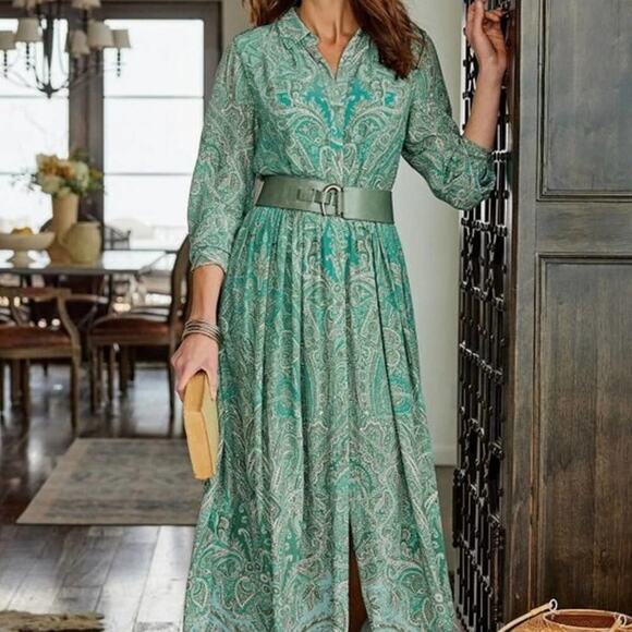 Soft Surroundings Dresses & Skirts - Soft Surroundings Aqua Scroll Design‎ Button Up Dress Adair Dress Size L…